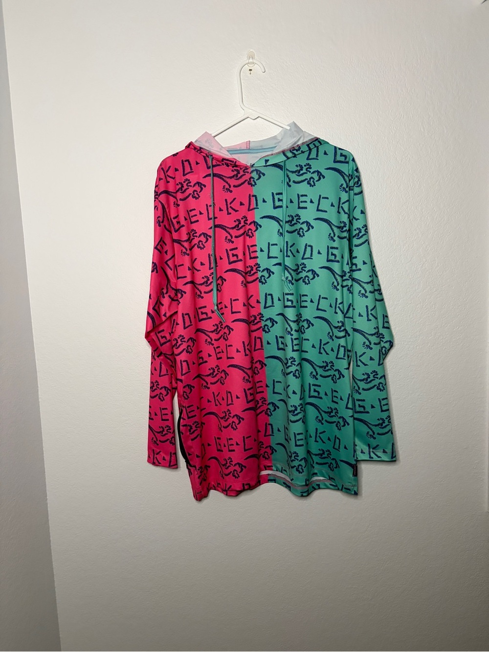 Gecko Petro Split UPF 30+ Sun Shirt retro 90s style pink & teal color block XL